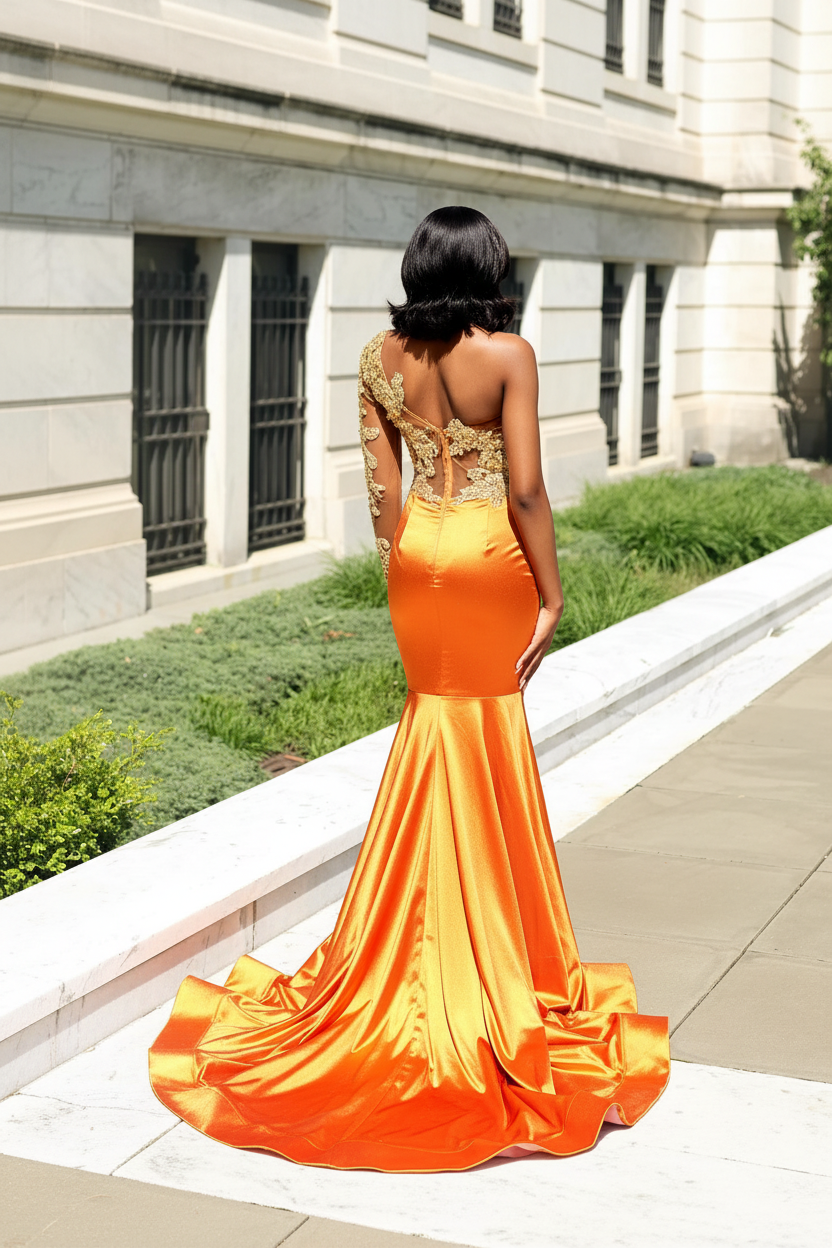 The Golden Hour - 2026 Orange Ombre Satin Mermaid Gown: One-Shoulder Gold Lace Appliques with Sheer Illusion Bodice & Cathedral Train