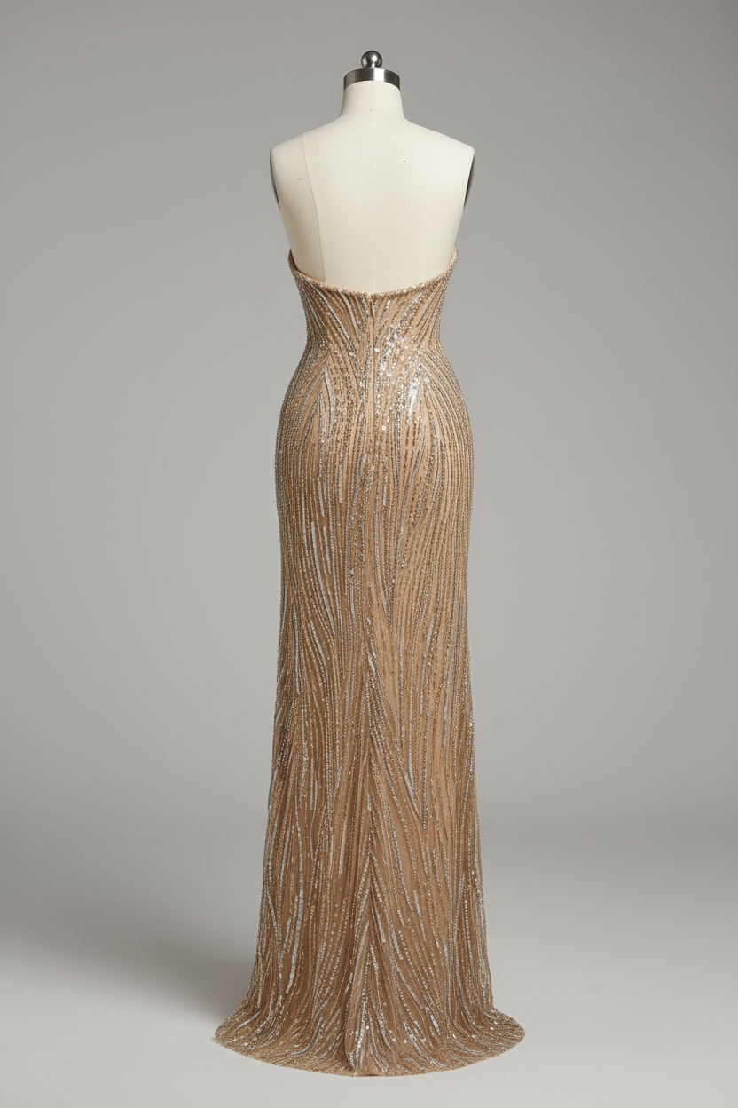 Champagne gold wave beaded strapless evening gown - back view