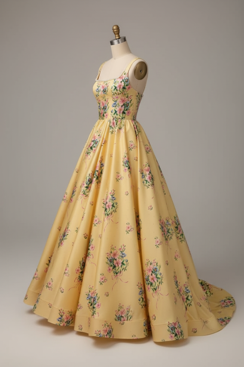 Yellow floral embroidered ball gown - alternate side view