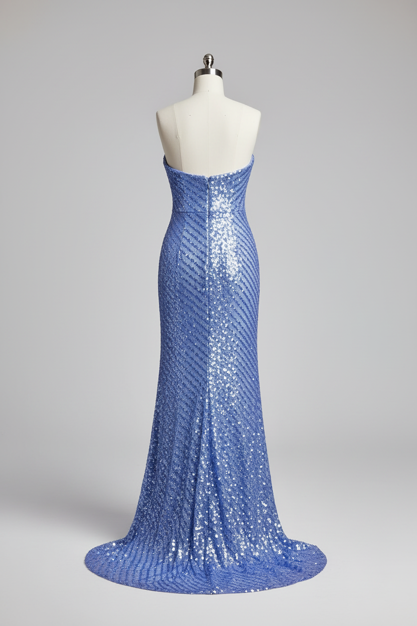 Periwinkle blue sequined evening gown - back view