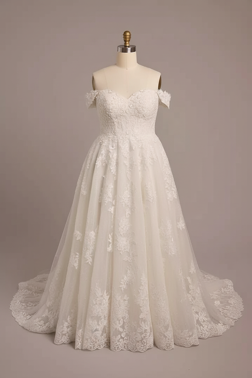 White lace off-shoulder A-line ball gown wedding dress - front view