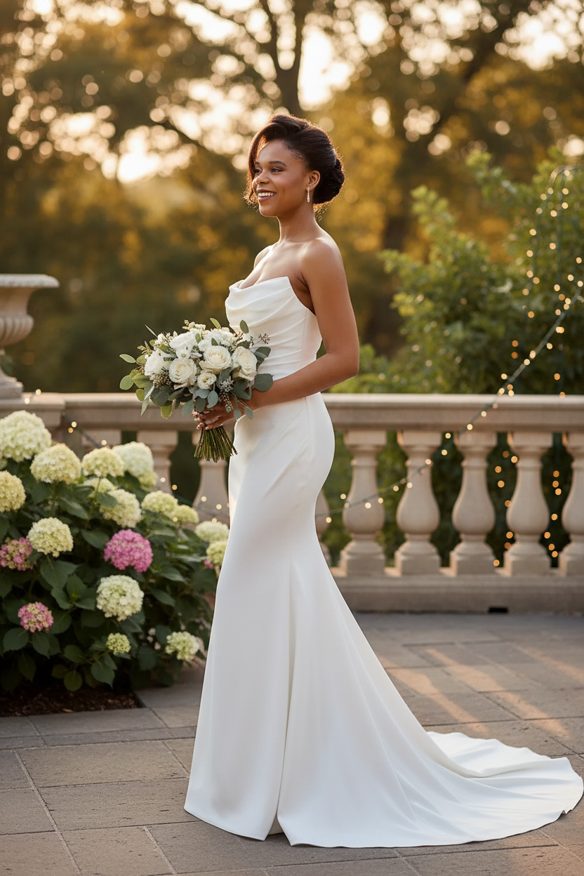 Bride wearing white satin cowl neck mermaid wedding dress - side
