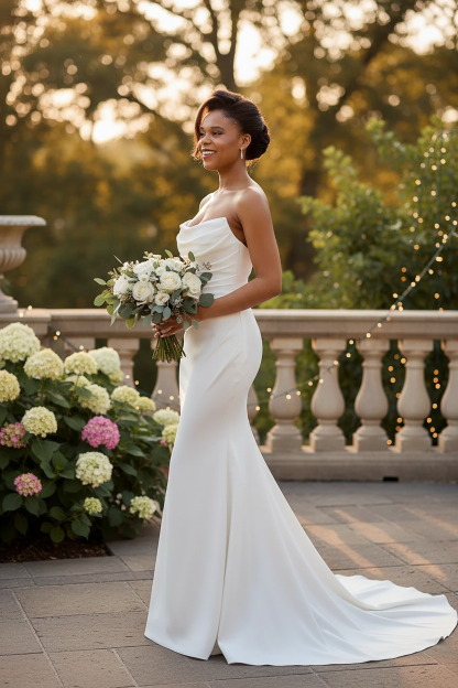 Bride wearing white satin cowl neck mermaid wedding dress - side