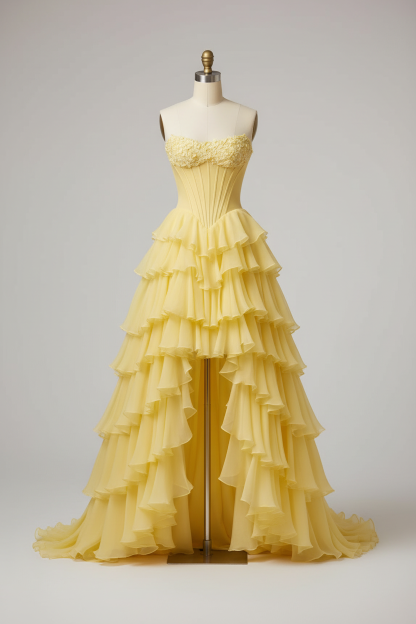 Yellow tiered ruffle high-low ball gown - front view
