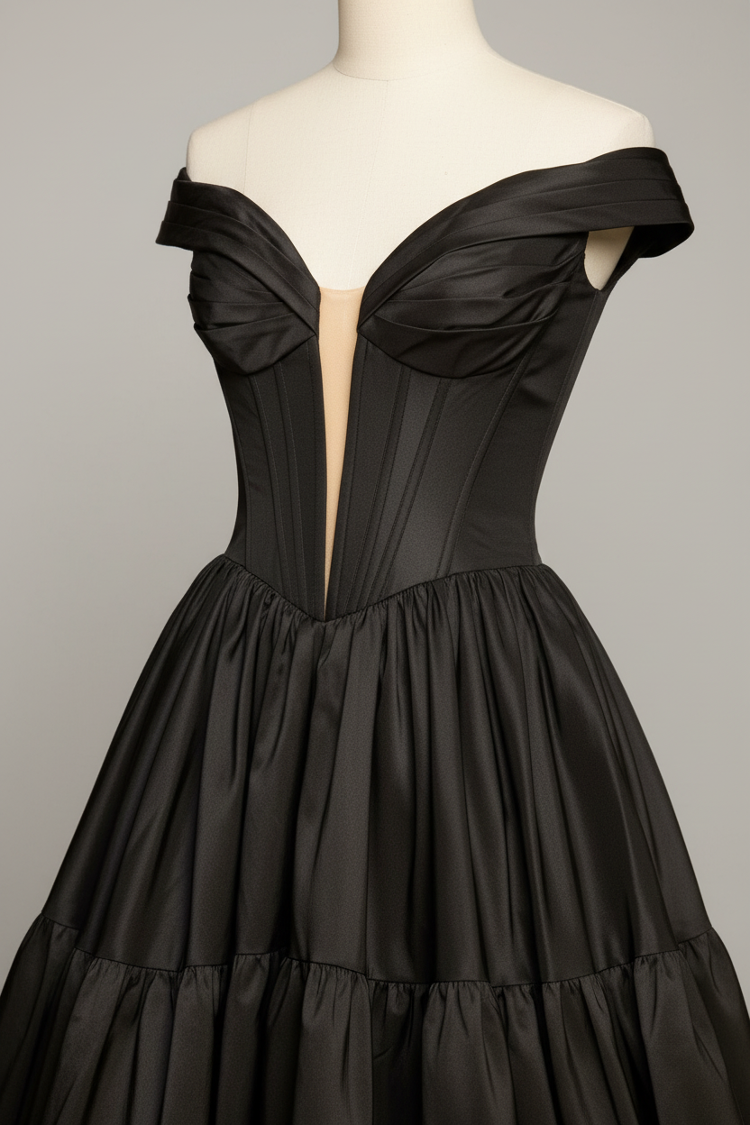 Black satin off-shoulder tiered ball gown - waist detail