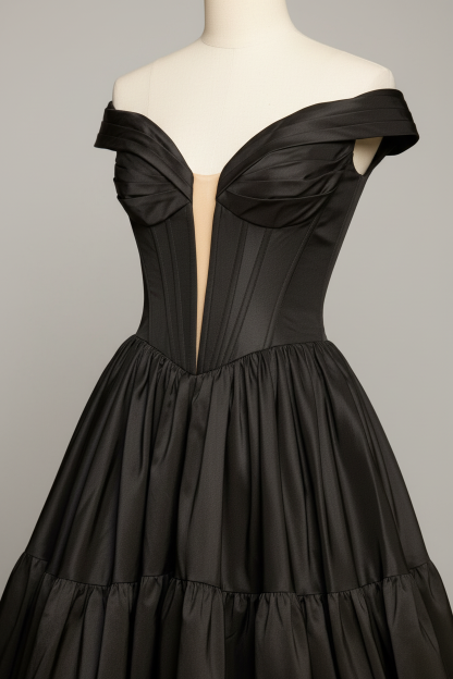 Black satin off-shoulder tiered ball gown - waist detail