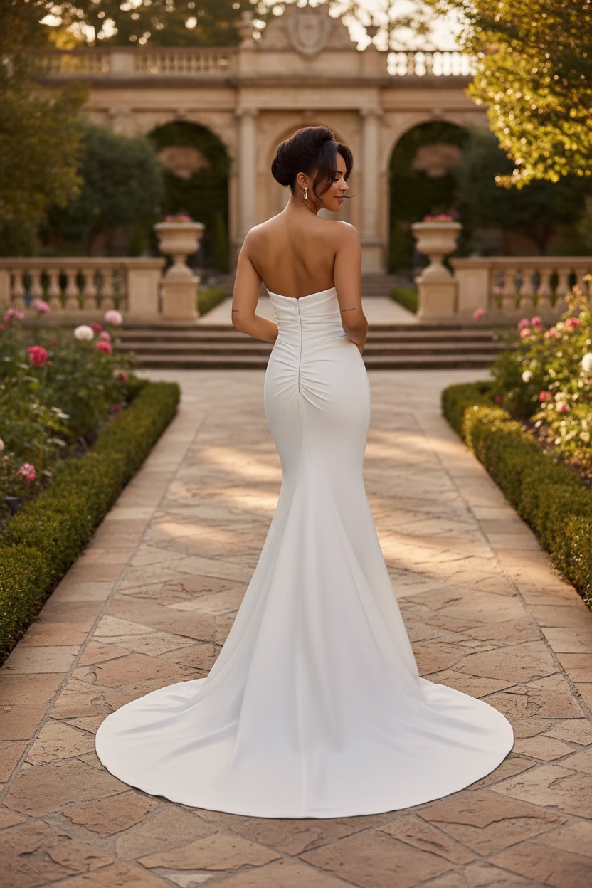 Bride wearing white satin cowl neck mermaid wedding dress - back