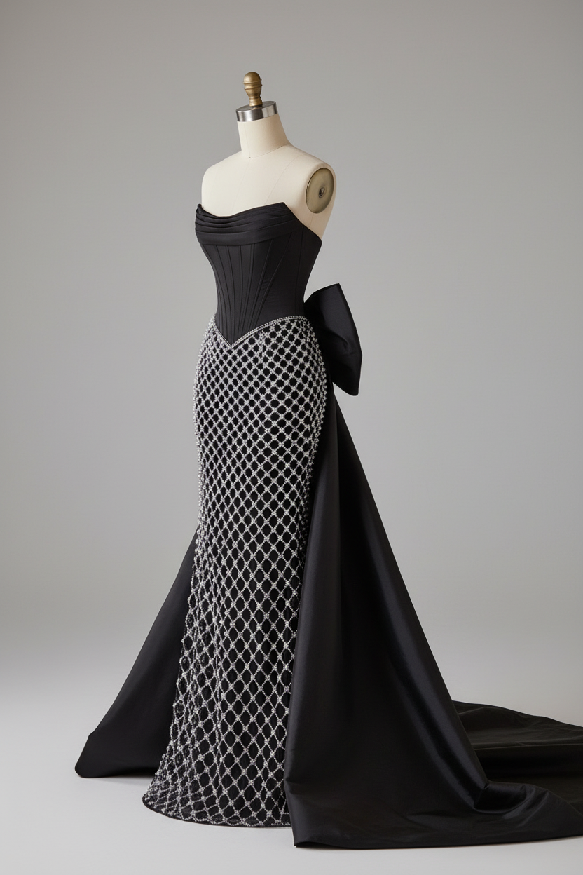 Black satin silver lattice beaded evening gown - side view