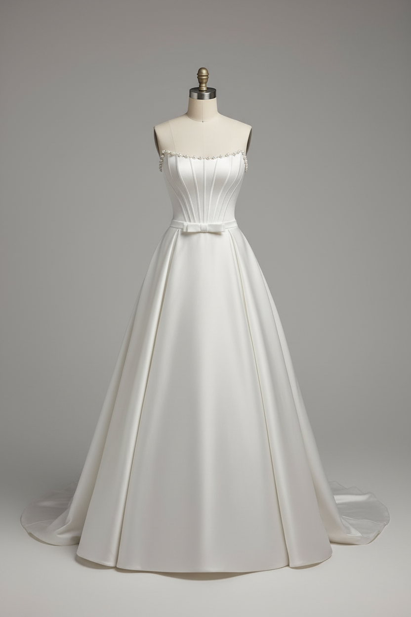 White pearl beaded corset A-line ball gown - front view