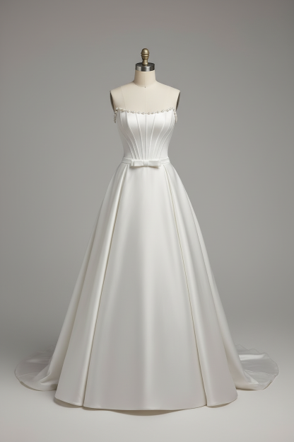 White pearl beaded corset A-line ball gown - front view