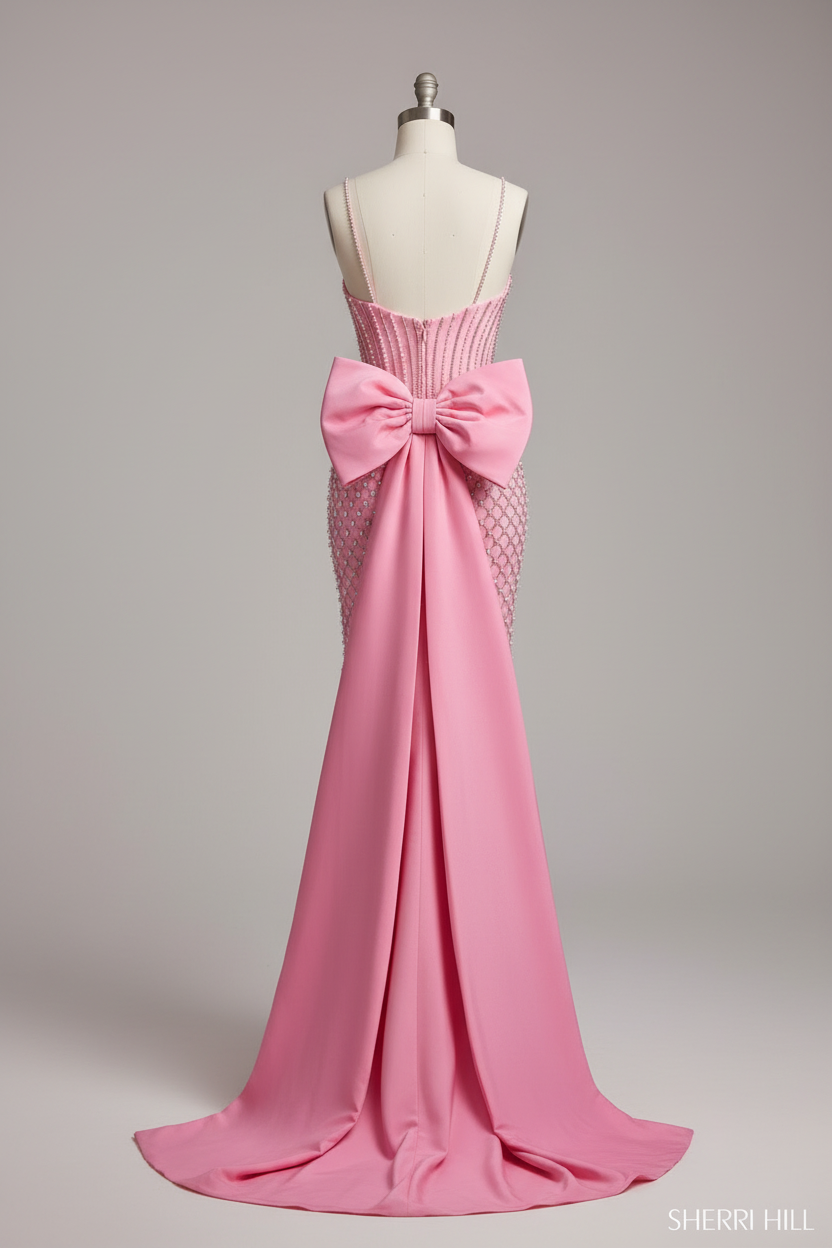 Pink beaded gown back view showing oversized satin bow and train