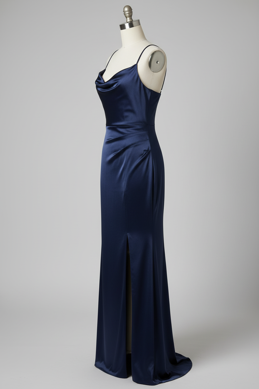 Navy blue satin cowl neck high slit sheath bridesmaid dress - side view