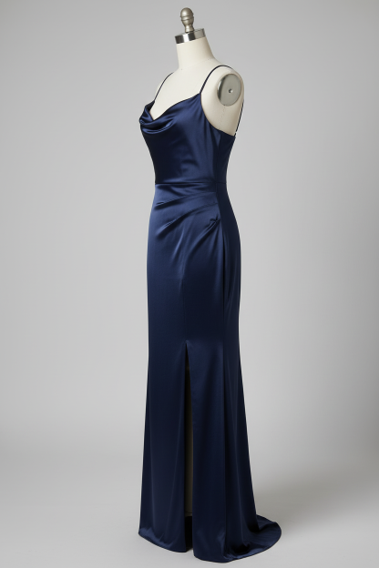 Navy blue satin cowl neck high slit sheath bridesmaid dress - side view