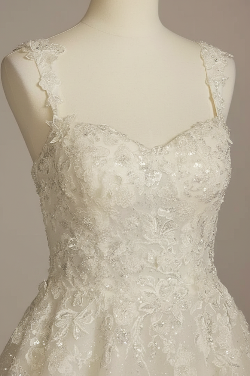 White lace strap A-line ball gown wedding dress - bodice detail