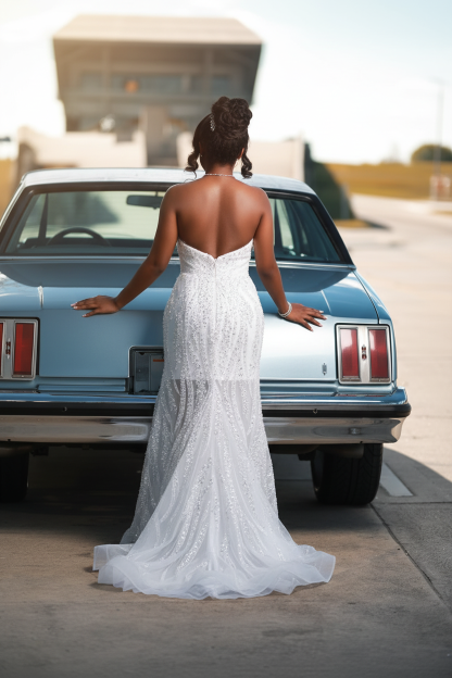 White Strapless Sequin Wave Mermaid Prom Dress - Back View