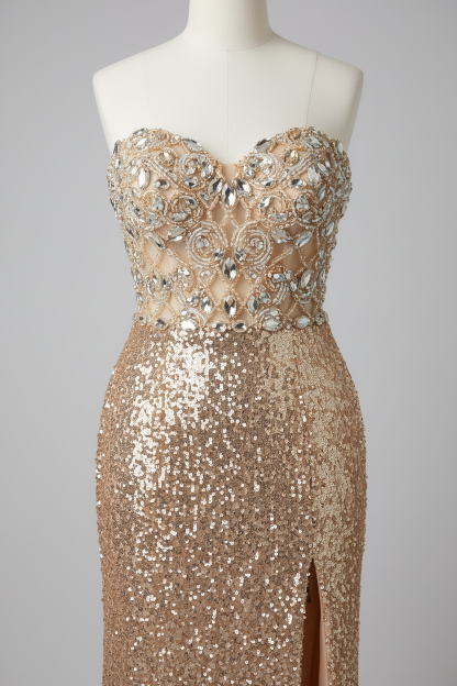 Champagne gold lattice mesh beaded evening gown - waist detail