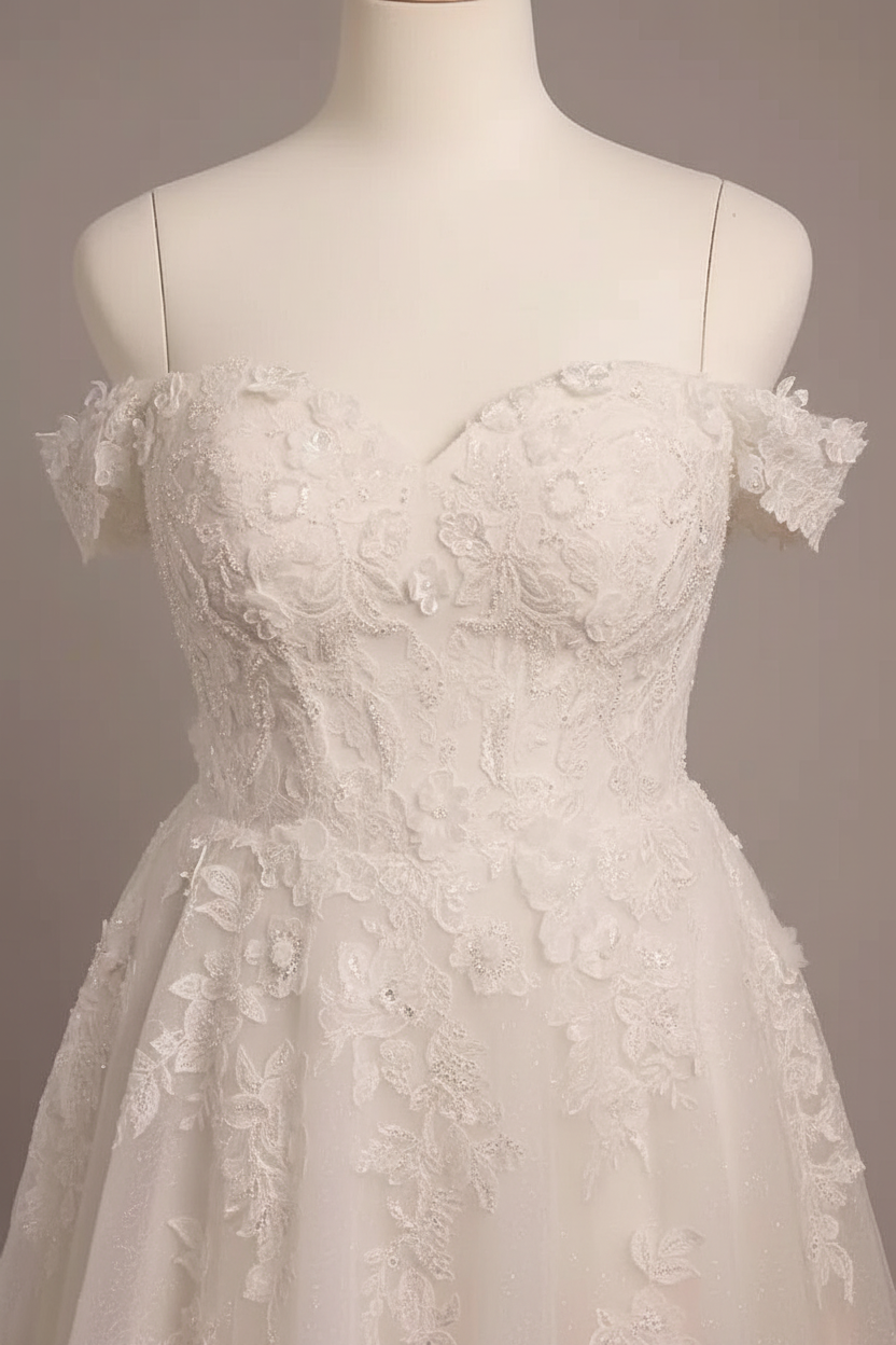 White lace off-shoulder A-line ball gown wedding dress - bodice detail