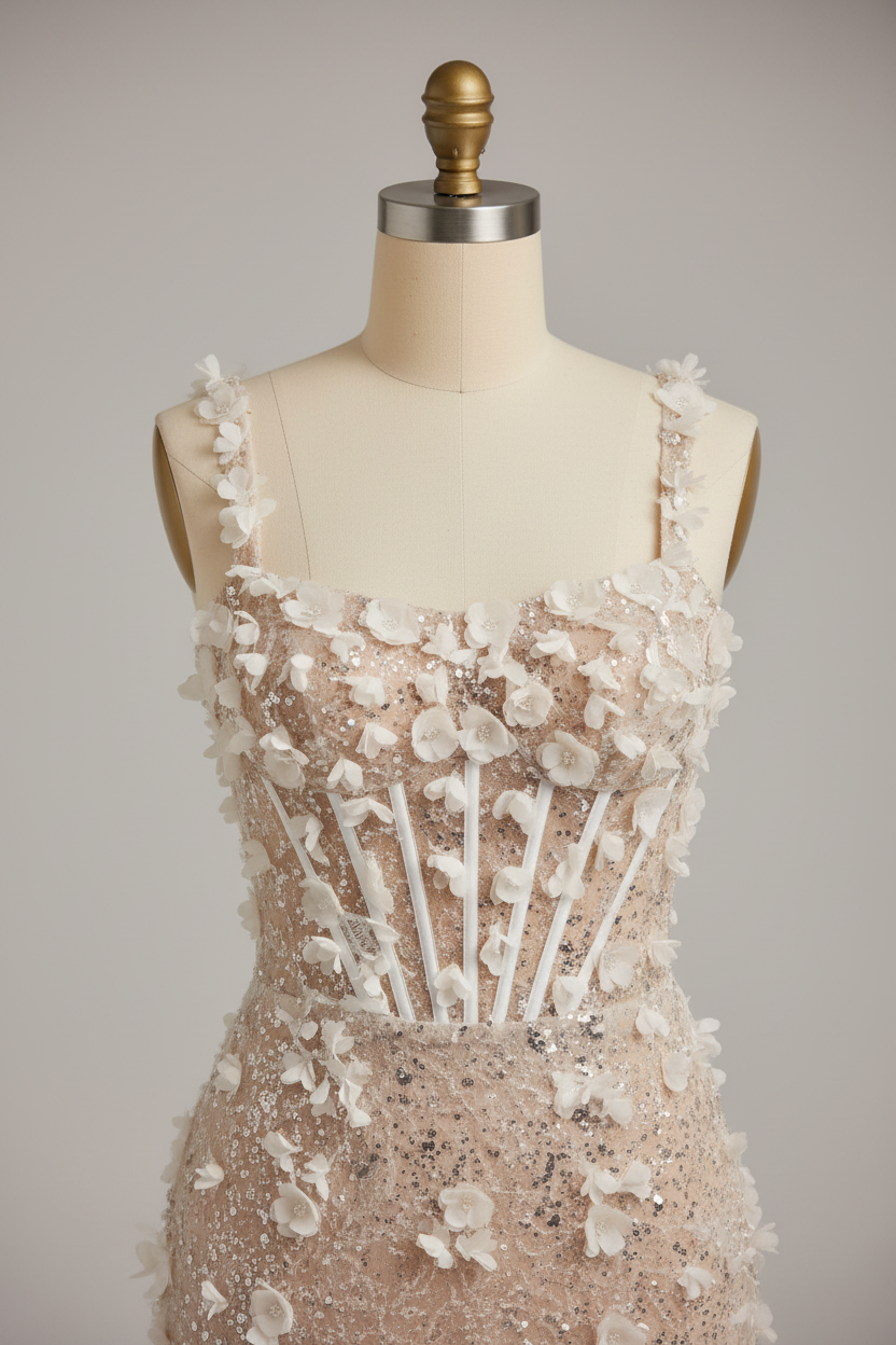 Champagne wedding dress - 3D floral bodice detail