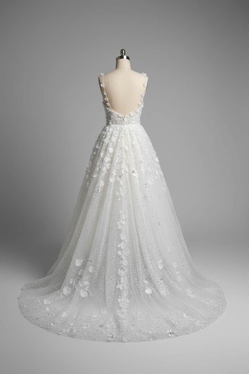White 3D floral wedding dress - open back view