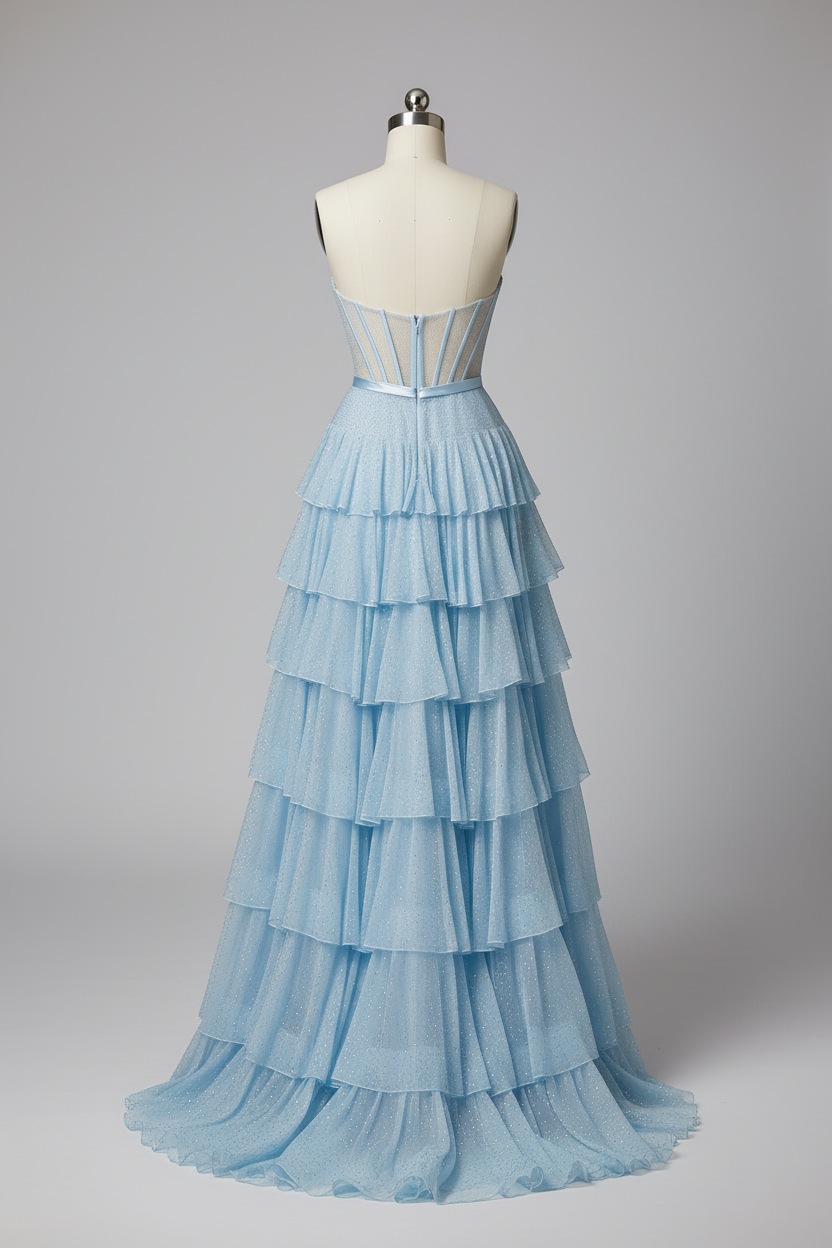 Light blue sheer corset tiered ruffle evening gown - back view