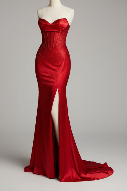 Red crystal beaded fitted evening gown - hem and slit detail