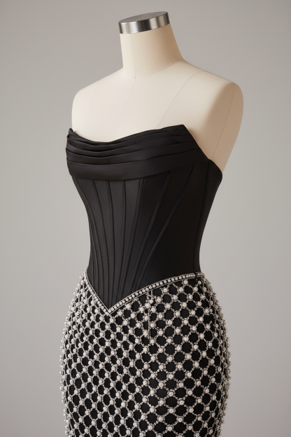 Black satin silver lattice beaded evening gown - bodice detail