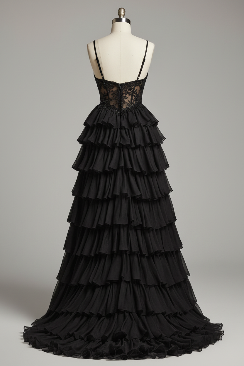 Black embellished lace tiered ruffle evening gown - back view