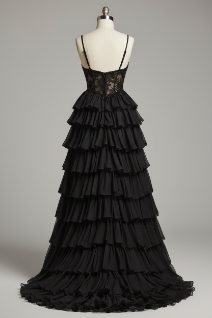 Black embellished lace tiered ruffle evening gown - back view