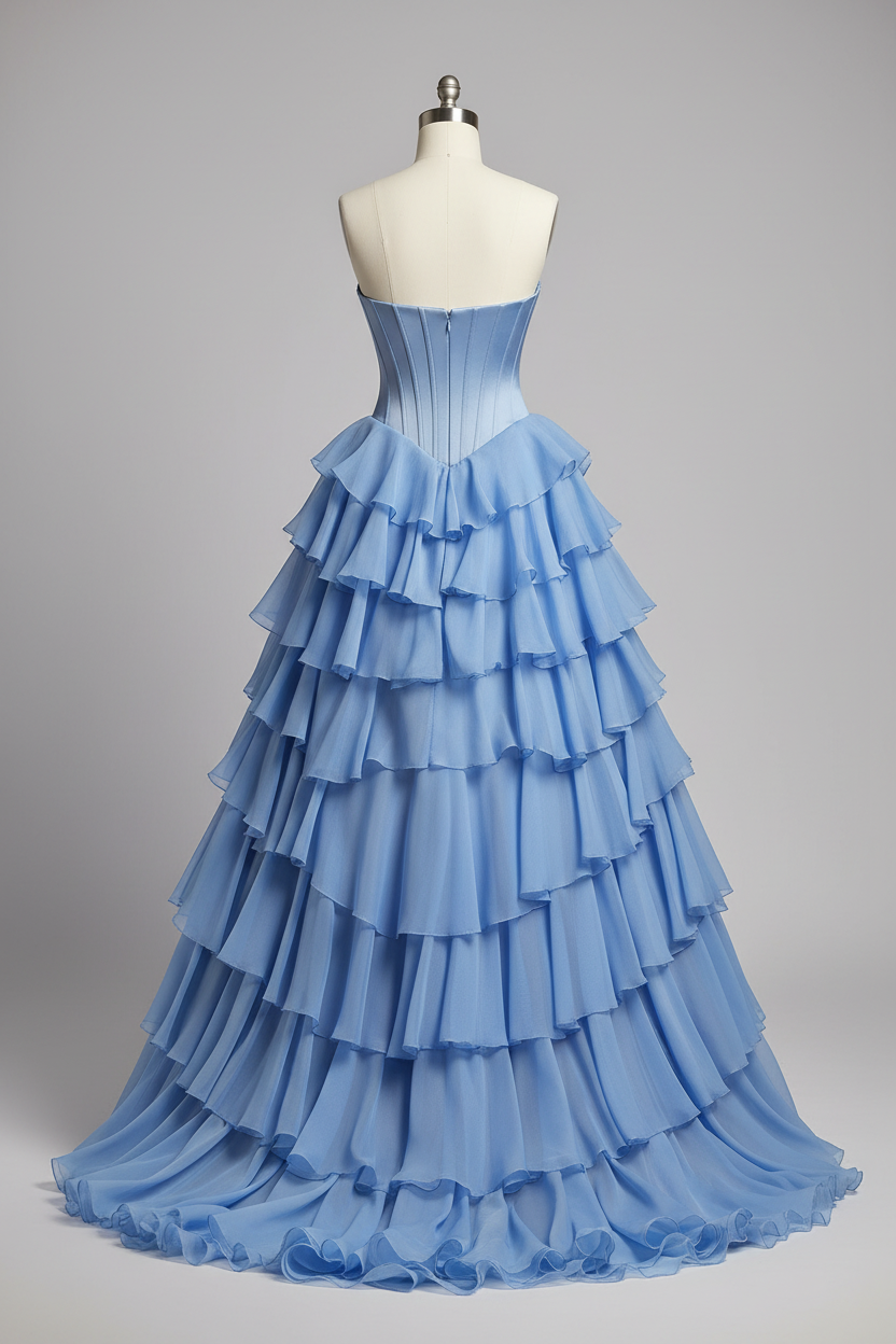 Sky blue lace crystal beaded corset asymmetric tiered ruffle gown - back view