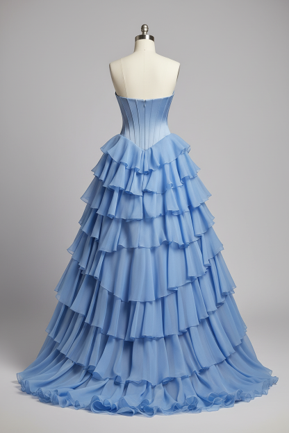 Sky blue lace crystal beaded corset asymmetric tiered ruffle gown - back view