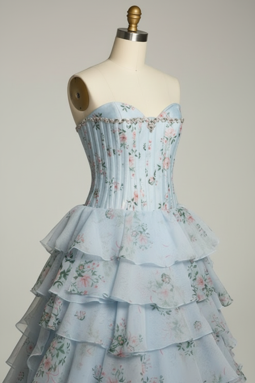 Light blue floral print ball gown - ruffle detail