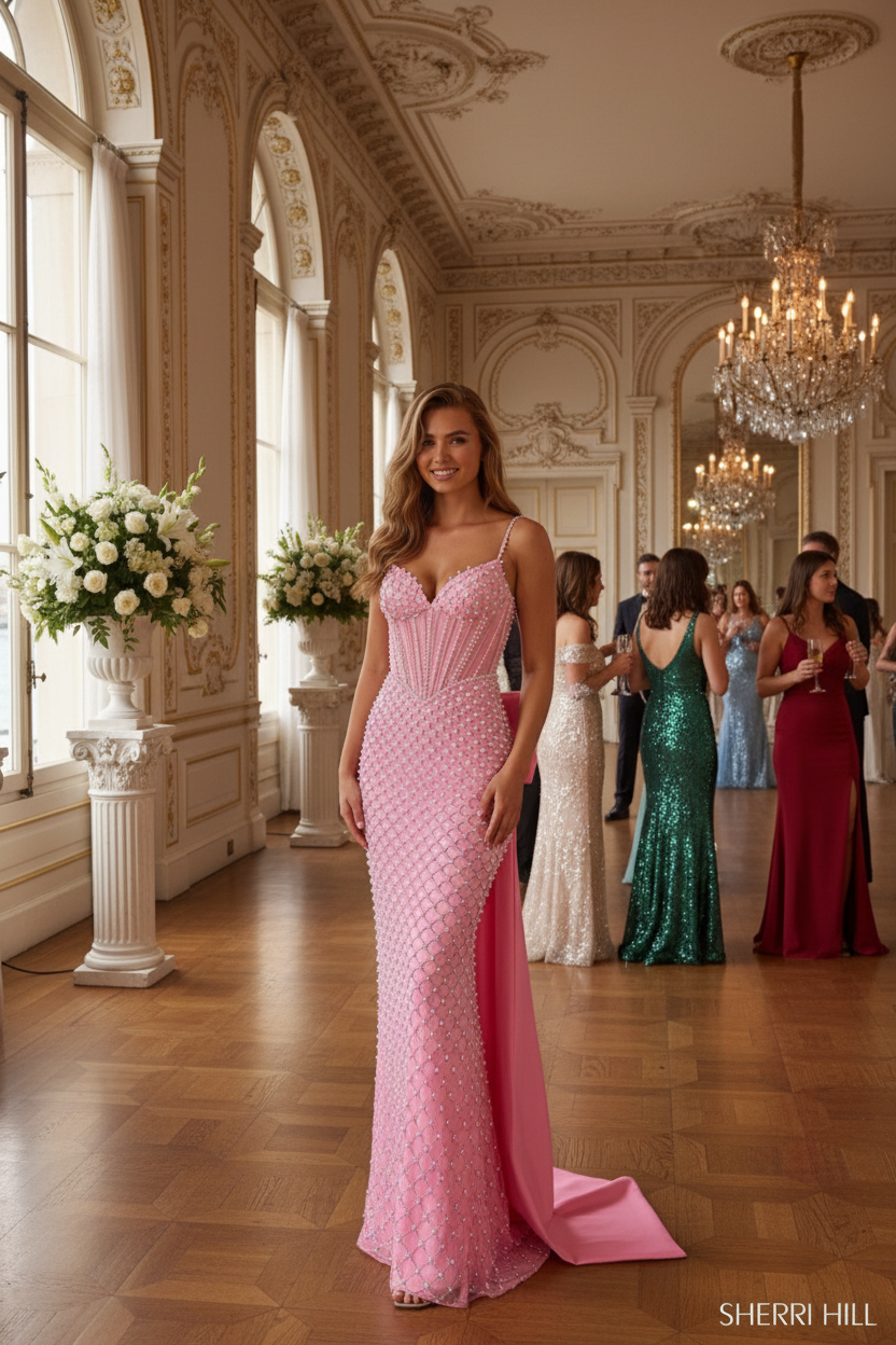 Customer wearing pink beaded gown with bow at event