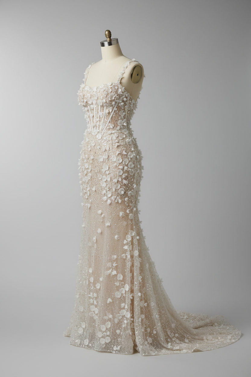 Champagne wedding dress with 3D flowers - side view