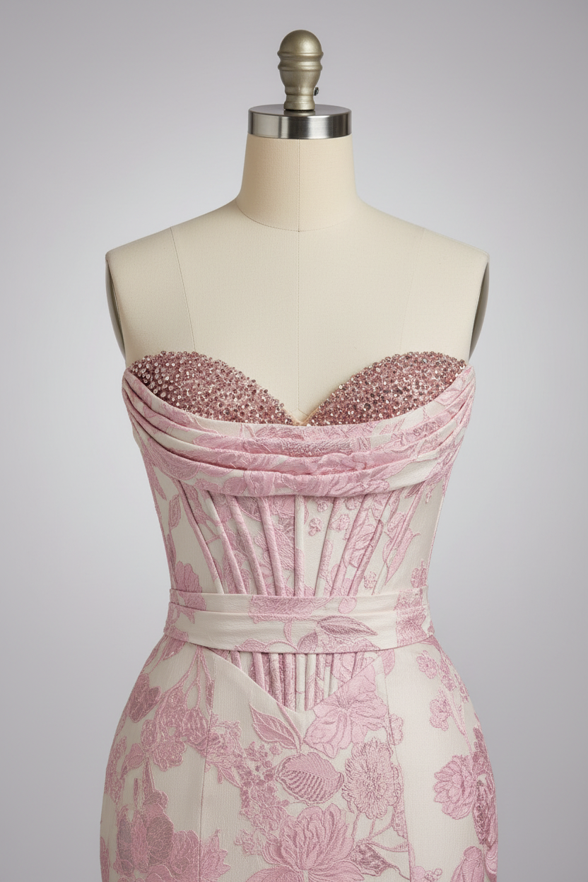 Pink floral embroidered mermaid prom dress - crystal beaded bodice detail