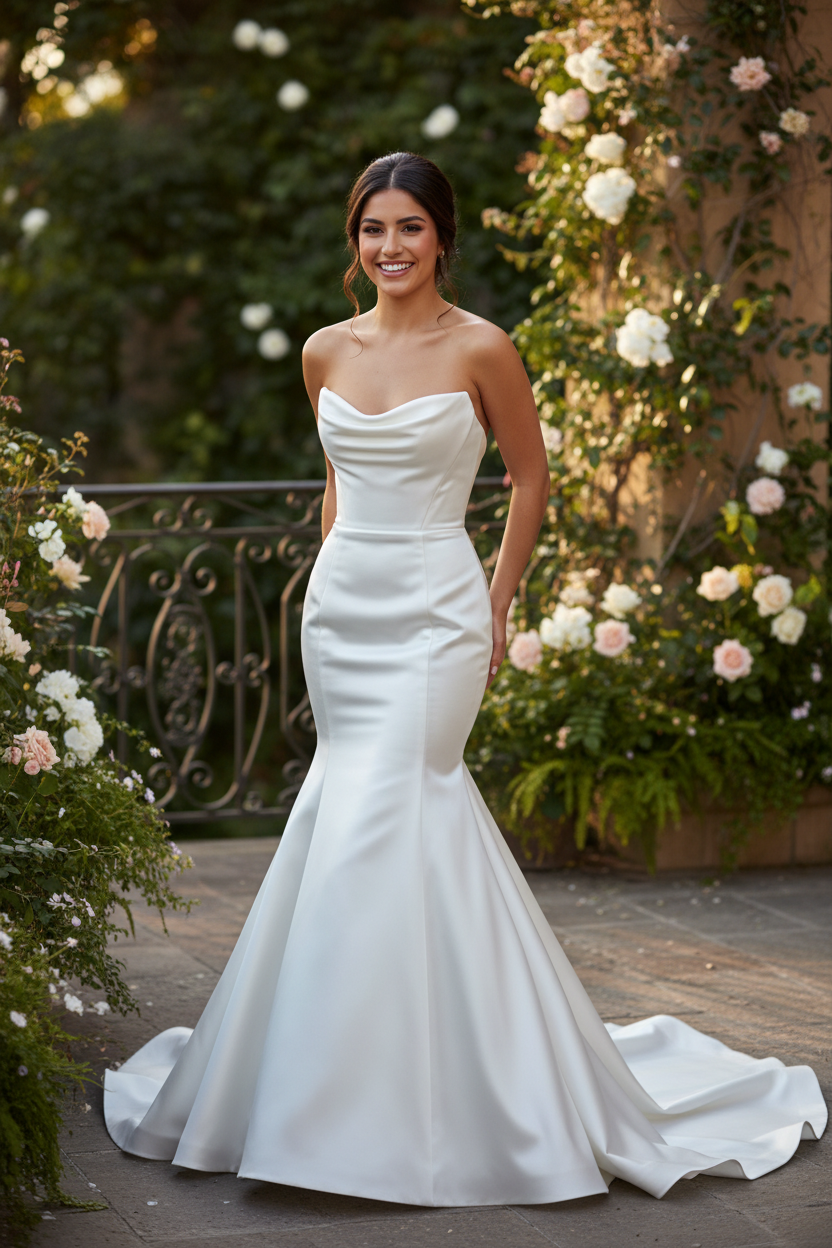 Bride wearing white satin cowl neck mermaid wedding dress - front