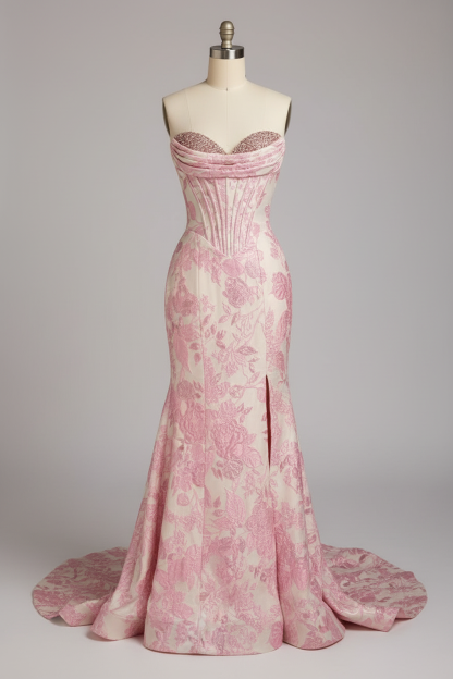 Pink floral embroidered mermaid prom dress - front view