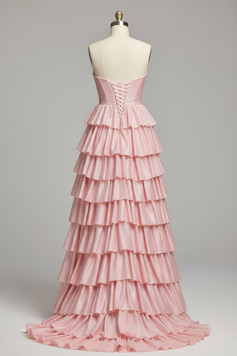 Blush pink tiered ruffle evening gown - back view