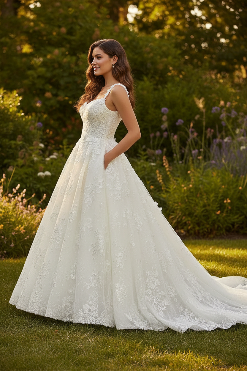 Bride wearing white lace strap A-line ball gown wedding dress - side