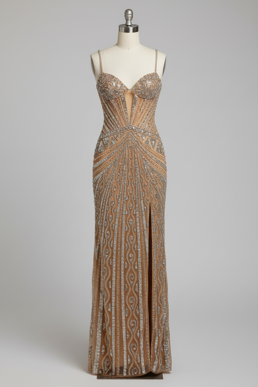 Champagne gold art deco beaded evening gown - front view