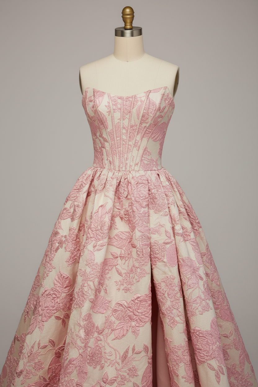 Pink floral embroidered ball gown - embroidery detail