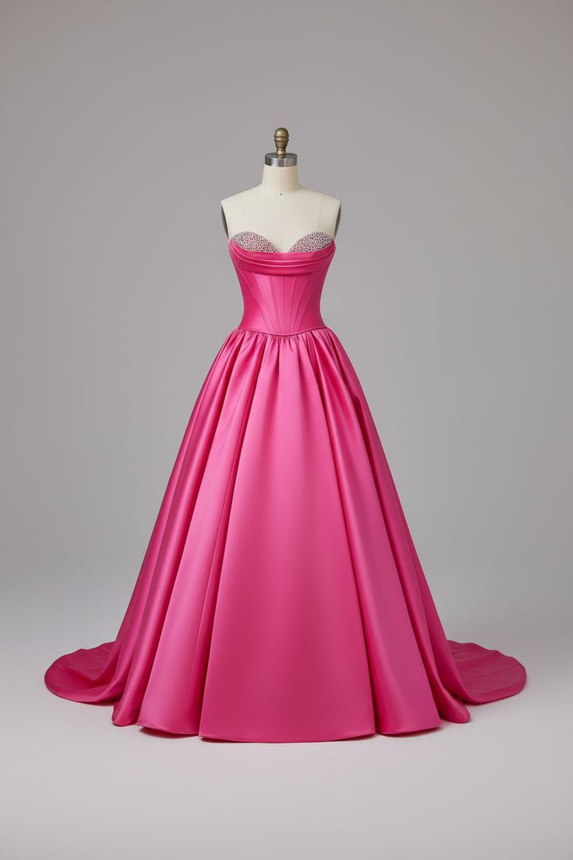 Hot pink crystal beaded A-line ball gown - front view