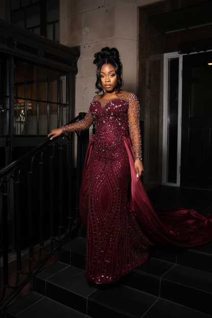 Burgundy - Illusion Sleeve Beaded Gown