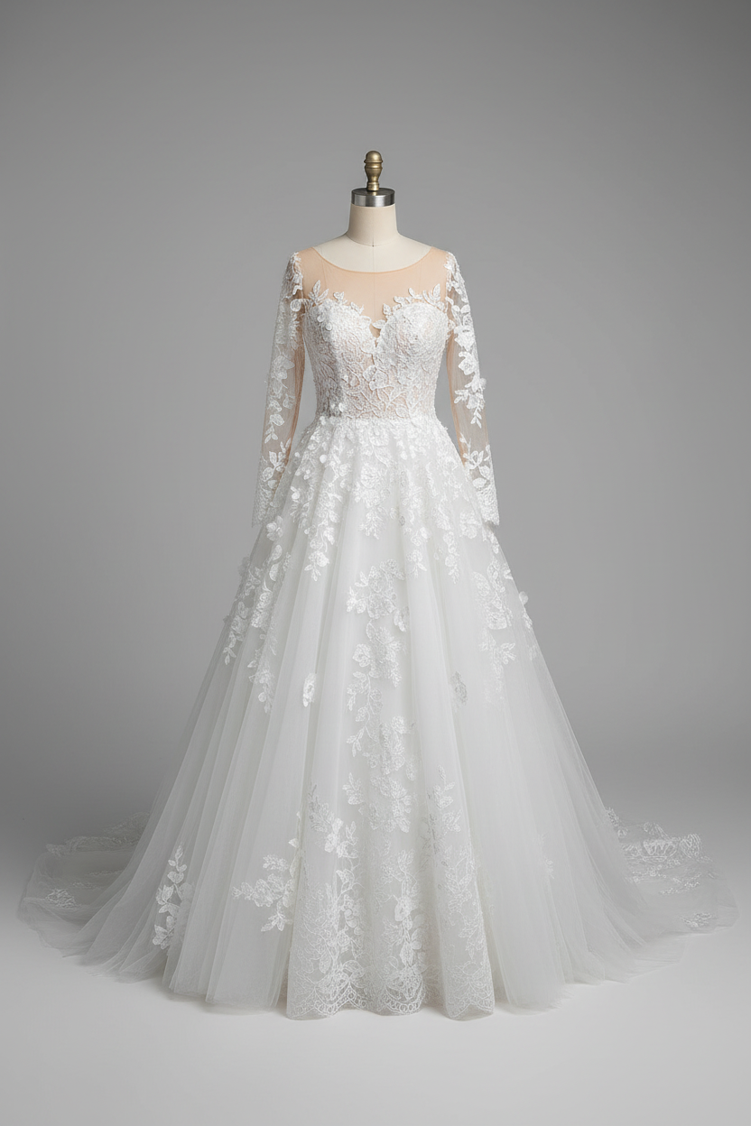 White illusion lace long sleeve A-line ball gown wedding dress - front view