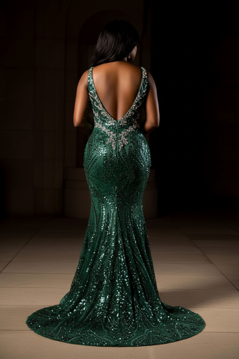 Emerald green mermaid prom dress back view