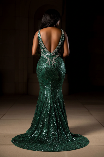 Emerald green mermaid prom dress back view