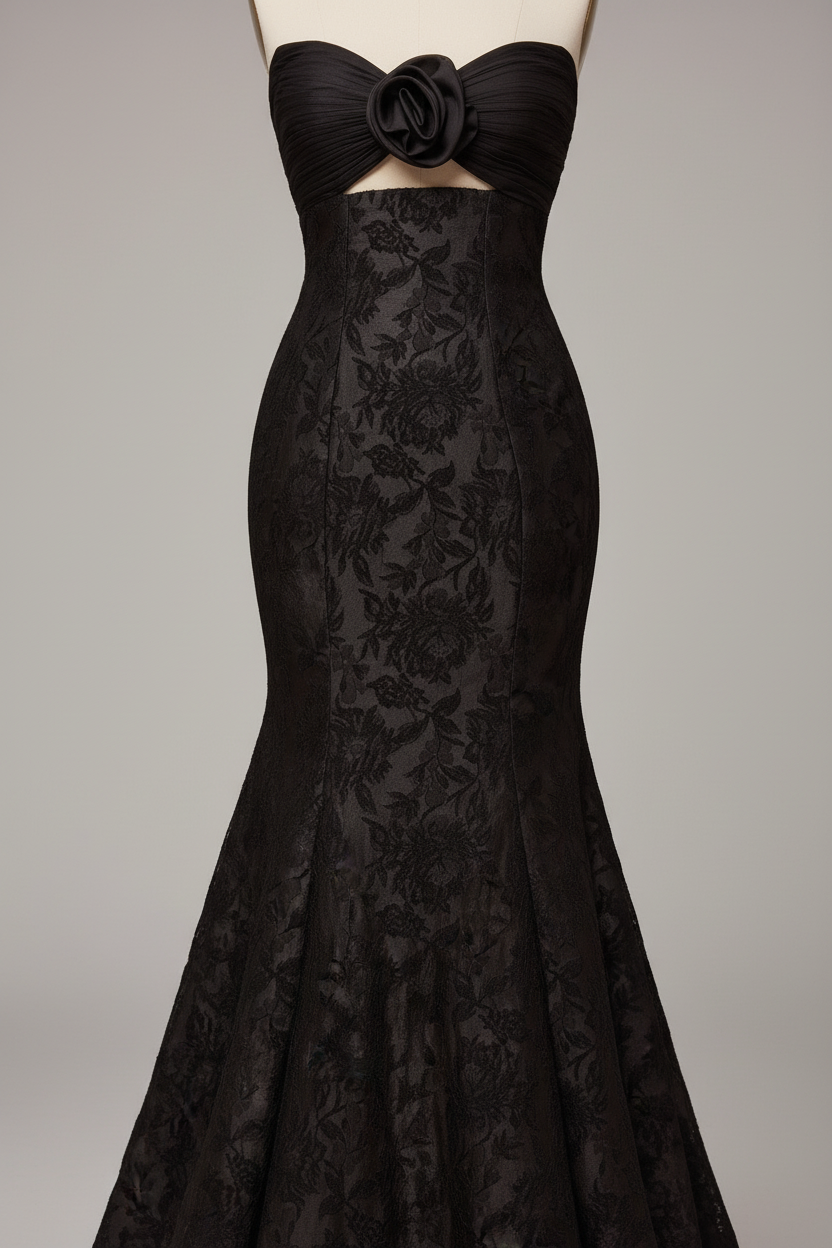 Black lace mermaid evening gown - waist and lace detail