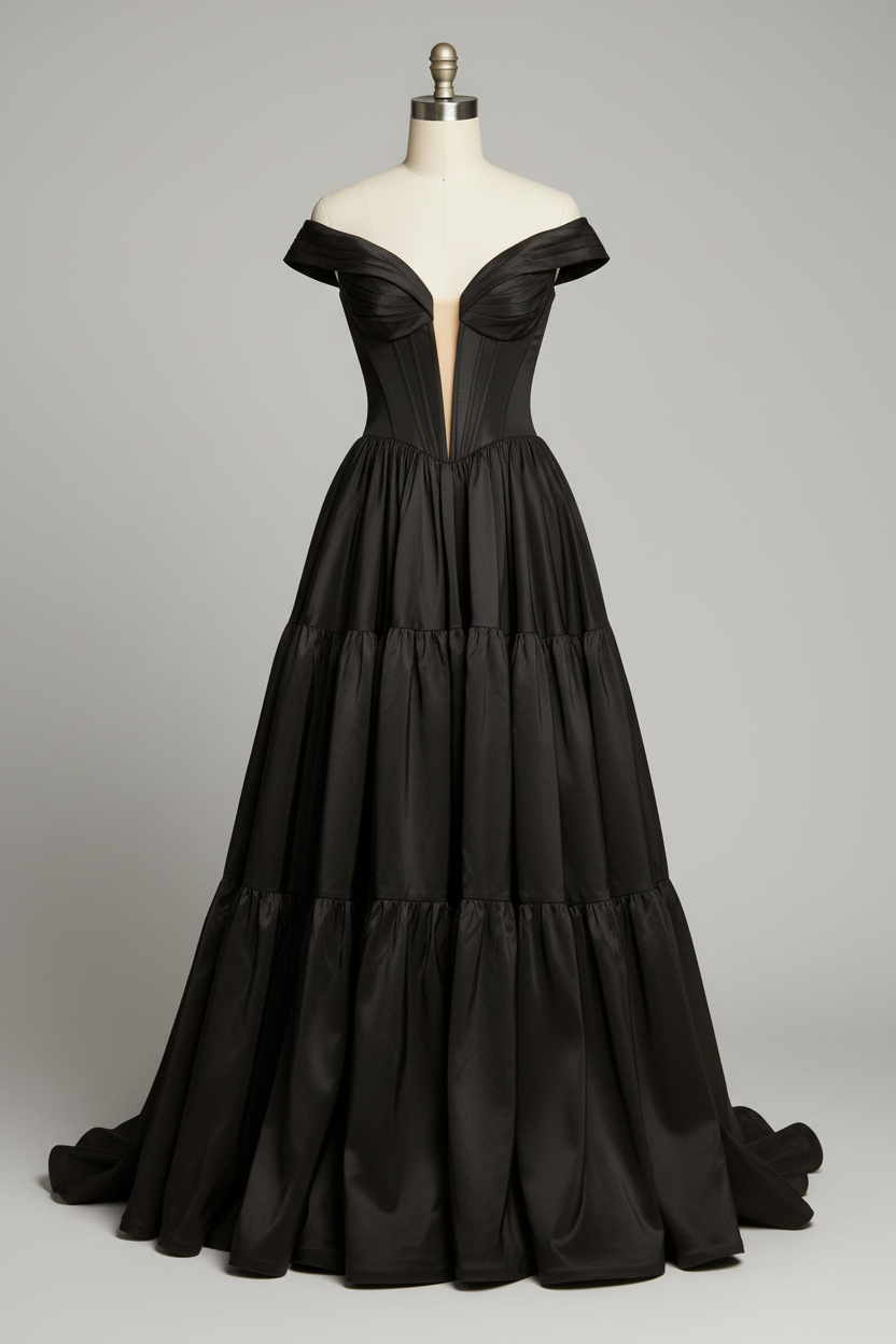 Black satin off-shoulder tiered ball gown - front view