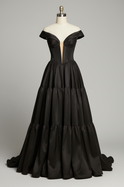 Black satin off-shoulder tiered ball gown - front view
