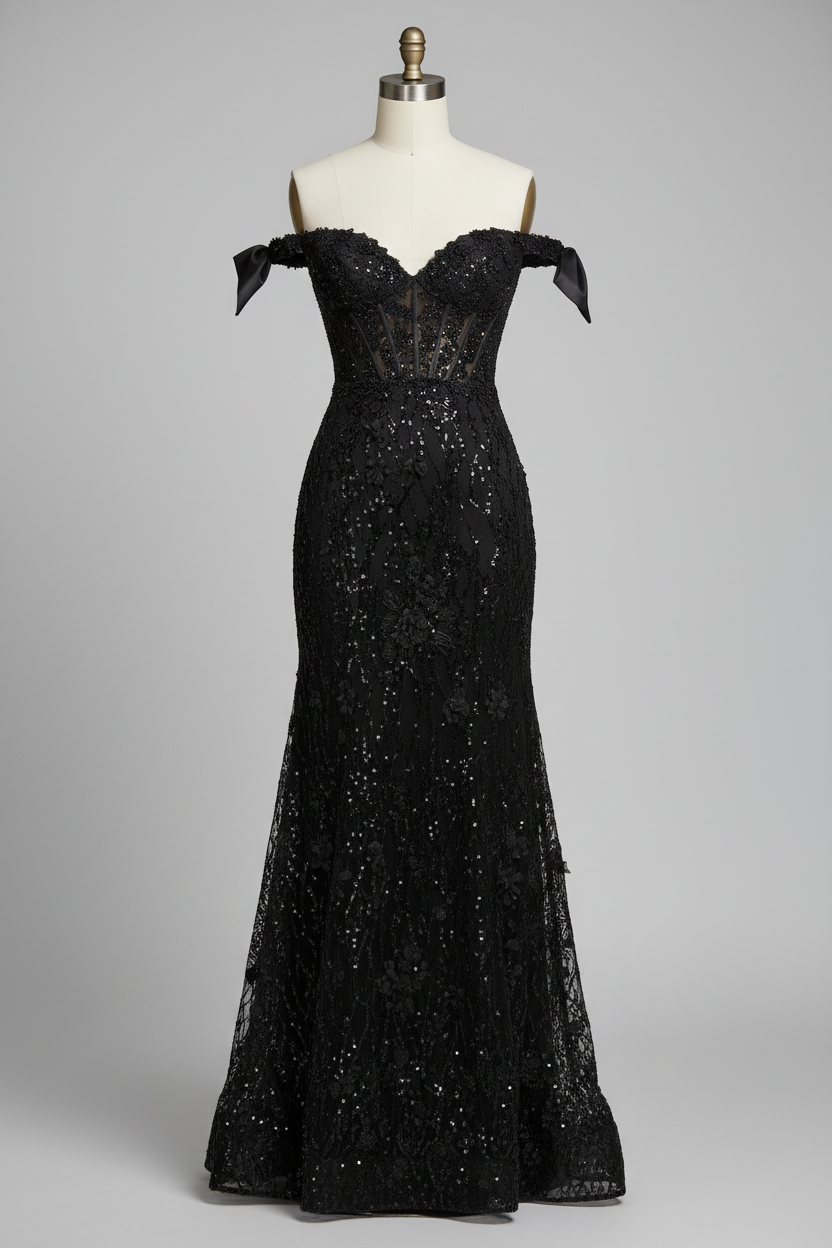 Black sequined lace mermaid evening gown - front view