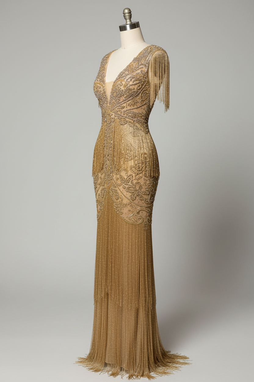 Champagne gold beaded fringe evening gown - side view